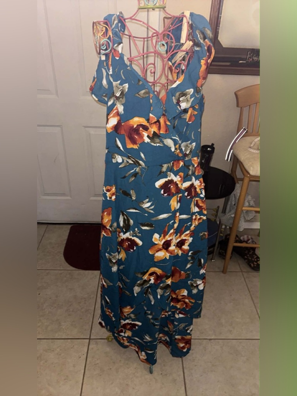 Floral V-Neck Maxi Dress in Teal with Orange Bloom